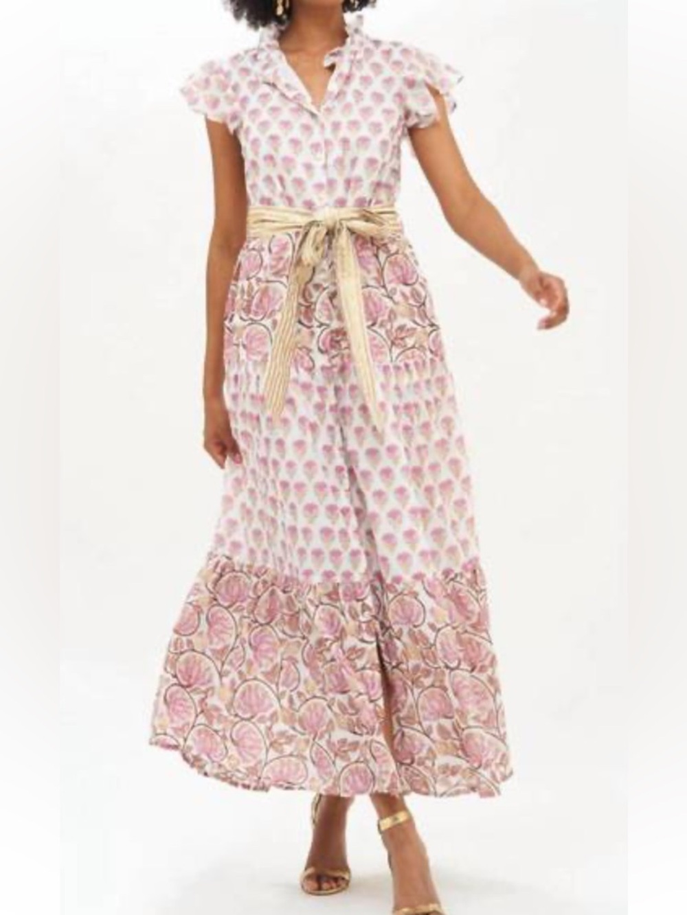 Oliphant Ruffle Collar Button Maxi Dress in Pink Montenegro Small